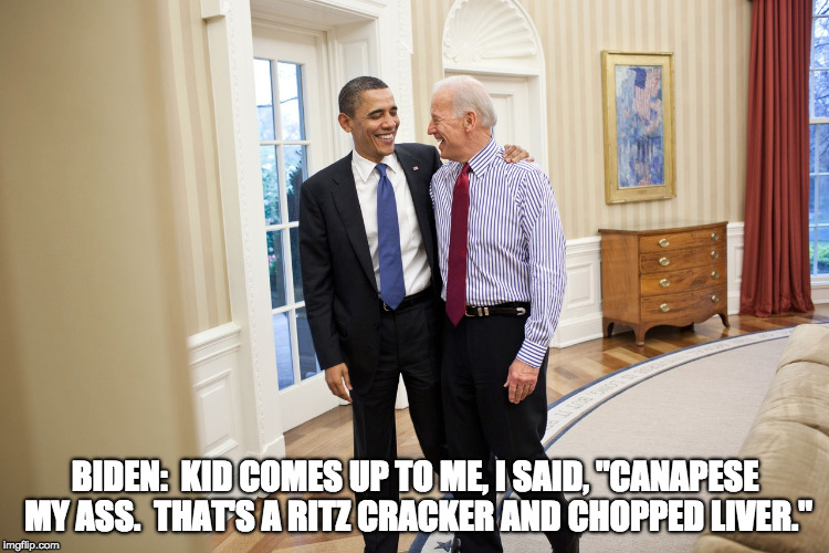 BIDEN:  KID COMES UP TO ME, I SAID, "CANAPESE MY ASS.  THAT'S A RITZ CRACKER AND CHOPPED LIVER." | image tagged in godfather,joe biden | made w/ Imgflip meme maker