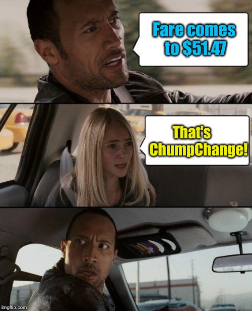 Username weekend! | Fare comes to $51.47; That's     ChumpChange! | image tagged in memes,the rock driving | made w/ Imgflip meme maker