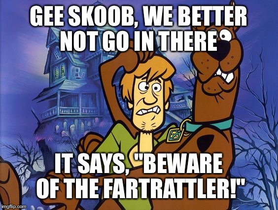 Username in a meme weekend - Starring the "fartrattler"!    I always laugh when I see that name :-) | GEE SKOOB, WE BETTER NOT GO IN THERE; IT SAYS, "BEWARE OF THE FARTRATTLER!" | image tagged in scooby - shaggy scared,memes,fartrattler,use the username weekend,use someones username in your meme | made w/ Imgflip meme maker