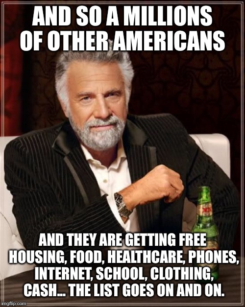 The Most Interesting Man In The World Meme | AND SO A MILLIONS OF OTHER AMERICANS AND THEY ARE GETTING FREE HOUSING, FOOD, HEALTHCARE, PHONES, INTERNET, SCHOOL, CLOTHING, CASH... THE LI | image tagged in memes,the most interesting man in the world | made w/ Imgflip meme maker