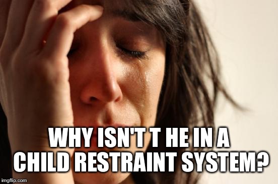 First World Problems Meme | WHY ISN'T T HE IN A CHILD RESTRAINT SYSTEM? | image tagged in memes,first world problems | made w/ Imgflip meme maker