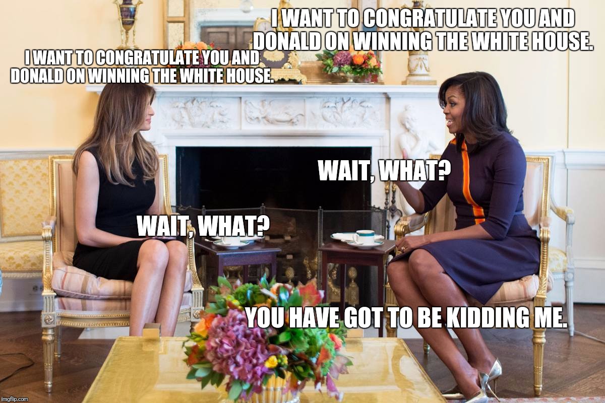 I WANT TO CONGRATULATE YOU AND DONALD ON WINNING THE WHITE HOUSE. I WANT TO CONGRATULATE YOU AND DONALD ON WINNING THE WHITE HOUSE. WAIT, WHAT? WAIT, WHAT? YOU HAVE GOT TO BE KIDDING ME. | image tagged in melania meets michelle | made w/ Imgflip meme maker
