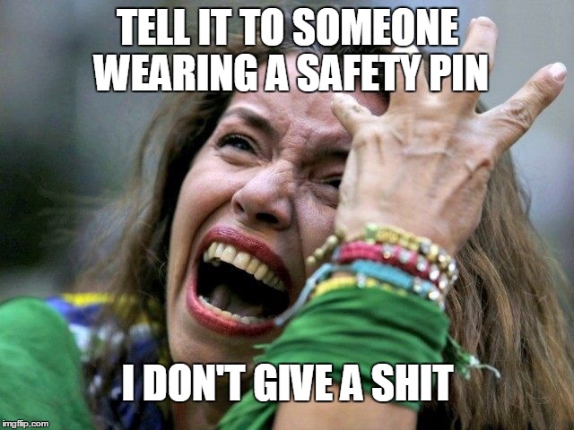 Crybabies | TELL IT TO SOMEONE WEARING A SAFETY PIN; I DON'T GIVE A SHIT | image tagged in safety pin,crybabies,liberals,trump,riots,election | made w/ Imgflip meme maker