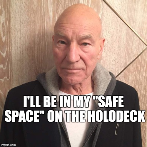 Patrick Stewart Safe Space | I'LL BE IN MY "SAFE SPACE" ON THE HOLODECK | image tagged in patrick stewart safe space | made w/ Imgflip meme maker