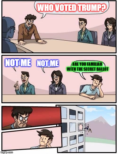 Boardroom Meeting Suggestion | WHO VOTED TRUMP? ARE YOU FAMILIAR WITH THE SECRET BALLOT; NOT ME; NOT ME | image tagged in memes,boardroom meeting suggestion | made w/ Imgflip meme maker