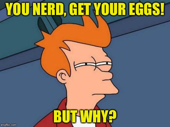 Futurama Fry Meme | YOU NERD, GET YOUR EGGS! BUT WHY? | image tagged in memes,futurama fry | made w/ Imgflip meme maker