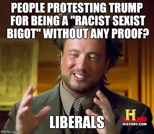 Look at all the braindead sheeple brainwashed by the media  | PEOPLE PROTESTING TRUMP FOR BEING A "RACIST SEXIST BIGOT" WITHOUT ANY PROOF? LIBERALS | image tagged in memes,ancient aliens | made w/ Imgflip meme maker