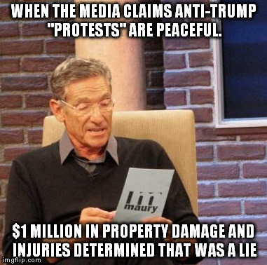 Maury Lie Detector Meme | WHEN THE MEDIA CLAIMS ANTI-TRUMP "PROTESTS" ARE PEACEFUL. $1 MILLION IN PROPERTY DAMAGE AND INJURIES DETERMINED THAT WAS A LIE | image tagged in memes,maury lie detector | made w/ Imgflip meme maker