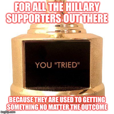 FOR ALL THE HILLARY SUPPORTERS OUT THERE; BECAUSE THEY ARE USED TO GETTING SOMETHING NO MATTER THE OUTCOME | image tagged in memes,participation trophy | made w/ Imgflip meme maker