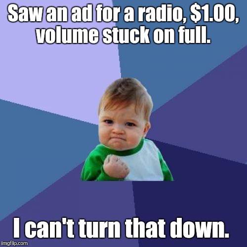 Success Kid | Saw an ad for a radio, $1.00, volume stuck on full. I can't turn that down. | image tagged in memes,success kid | made w/ Imgflip meme maker
