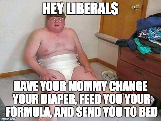 HEY LIBERALS HAVE YOUR MOMMY CHANGE YOUR DIAPER, FEED YOU YOUR FORMULA, AND SEND YOU TO BED | made w/ Imgflip meme maker