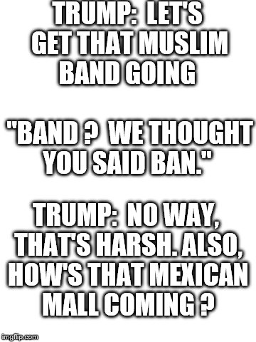 Blank White Template | TRUMP:  LET'S GET THAT MUSLIM BAND GOING                  "BAND ?  WE THOUGHT YOU SAID BAN."; TRUMP:  NO WAY, THAT'S HARSH. ALSO, HOW'S THAT MEXICAN MALL COMING ? | image tagged in blank white template | made w/ Imgflip meme maker