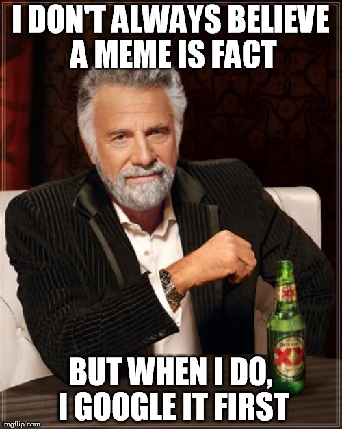 The Most Interesting Man In The World Meme | I DON'T ALWAYS BELIEVE A MEME IS FACT BUT WHEN I DO, I GOOGLE IT FIRST | image tagged in memes,the most interesting man in the world | made w/ Imgflip meme maker