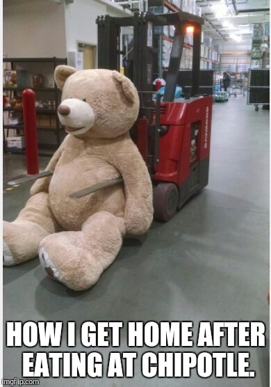 A little help over here? | HOW I GET HOME AFTER EATING AT CHIPOTLE. | image tagged in bear,teddy bear | made w/ Imgflip meme maker