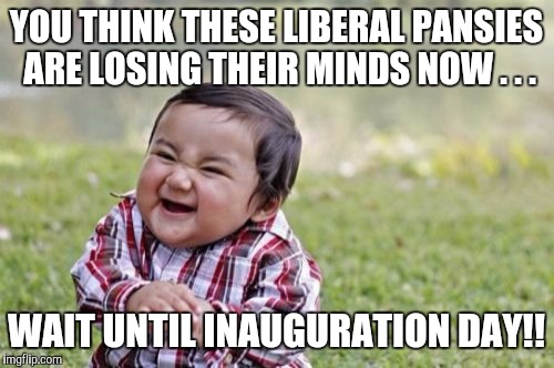 Evil Toddler Meme | YOU THINK THESE LIBERAL PANSIES ARE LOSING THEIR MINDS NOW . . . WAIT UNTIL INAUGURATION DAY!! | image tagged in memes,evil toddler | made w/ Imgflip meme maker