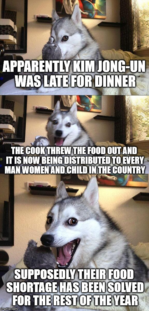 Bad Pun Dog Meme | APPARENTLY KIM JONG-UN WAS LATE FOR DINNER THE COOK THREW THE FOOD OUT AND IT IS NOW BEING DISTRIBUTED TO EVERY MAN WOMEN AND CHILD IN THE C | image tagged in memes,bad pun dog | made w/ Imgflip meme maker
