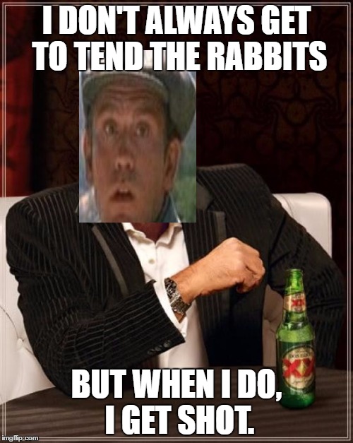 The Most Interesting Man In The World | I DON'T ALWAYS GET TO TEND THE RABBITS; BUT WHEN I DO, I GET SHOT. | image tagged in memes,the most interesting man in the world | made w/ Imgflip meme maker