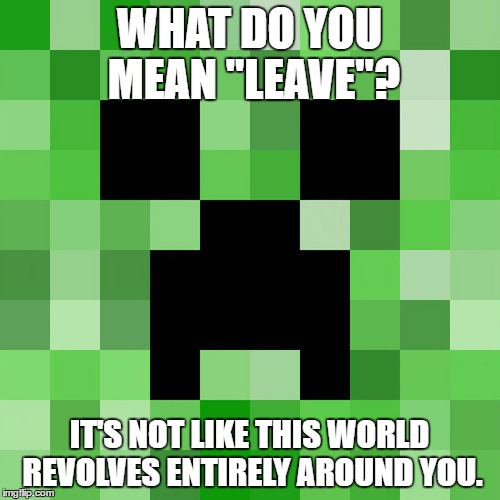 Scumbag Minecraft | WHAT DO YOU MEAN "LEAVE"? IT'S NOT LIKE THIS WORLD REVOLVES ENTIRELY AROUND YOU. | image tagged in memes,scumbag minecraft | made w/ Imgflip meme maker