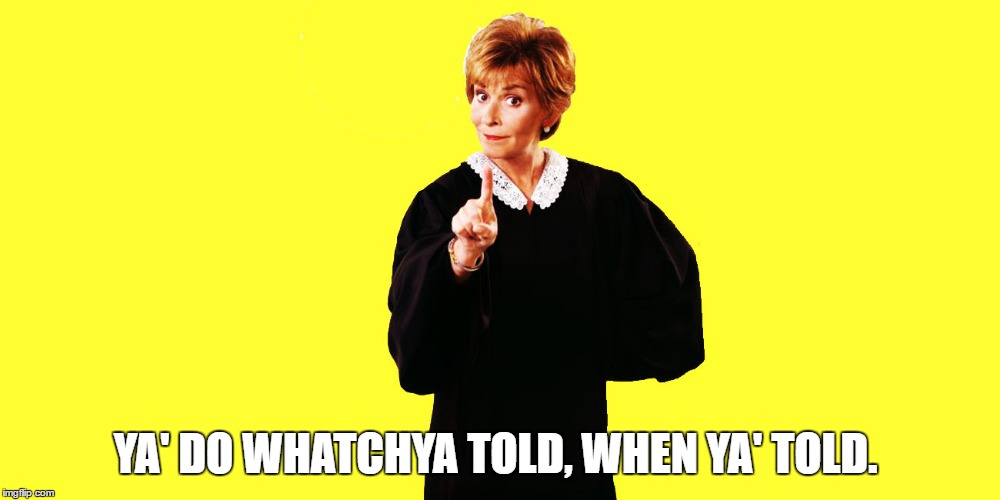 judge  | YA' DO WHATCHYA TOLD, WHEN YA' TOLD. | image tagged in judy | made w/ Imgflip meme maker