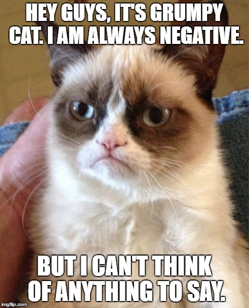 Grumpy Cat Meme | HEY GUYS, IT'S GRUMPY CAT. I AM ALWAYS NEGATIVE. BUT I CAN'T THINK OF ANYTHING TO SAY. | image tagged in memes,grumpy cat | made w/ Imgflip meme maker