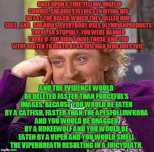For Username Weekend. I know, I'm also thinking WTF did I just do. | ONCE UPON A TIME, FELLOW IMGFLIP COMMIE, SHADOWS101 WAS ENJOYING HIS DAY AT THE BEACH, WHICH THEY CALLED HIM, SEAS_AND_SHADOWS. EVERYBODY USES OLYMPIANPRODUCTS THERE, SO STUPIDLY, YOU WERE BANNED THERE IF YOU DIDN’T HAVE THOSE. AND YOU WERE BEATEN TO DEATH BY AN EVIL MAN WHO DOES EVIL. AND THE EVIDENCE WOULD BE DELETED FASTER THAN FORCEFUL’S IMAGES. BECAUSE YOU WOULD BE EATEN BY A CATFISH, FASTER THAN THE APESFOLLOWKOBA AND YOU WOULD BE DRAGGED BY A HOKEEWOLF AND YOU WOULD BE EATEN BY A VIPER AND YOU WOULD SMELL THE VIPERBREATH RESULTING IN A JUICYDEATH. | image tagged in memes,creepy condescending wonka,funny,use the username weekend,shadows101,communism | made w/ Imgflip meme maker