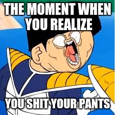 shittin yer pantz | THE MOMENT WHEN YOU REALIZE; YOU SHIT YOUR PANTS | image tagged in dragonball z | made w/ Imgflip meme maker