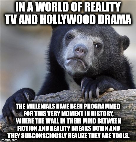 Confession Bear Meme | IN A WORLD OF REALITY TV AND HOLLYWOOD DRAMA THE MILLENIALS HAVE BEEN PROGRAMMED FOR THIS VERY MOMENT IN HISTORY, WHERE THE WALL IN THEIR MI | image tagged in memes,confession bear | made w/ Imgflip meme maker