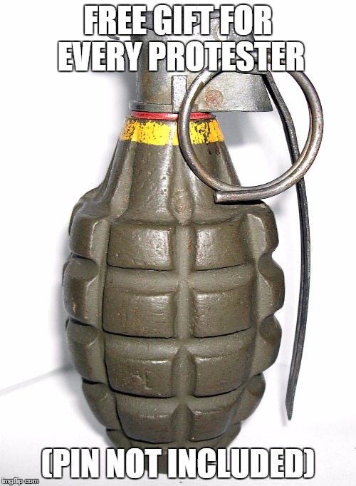 grenade | FREE GIFT FOR EVERY PROTESTER; (PIN NOT INCLUDED) | image tagged in grenade | made w/ Imgflip meme maker
