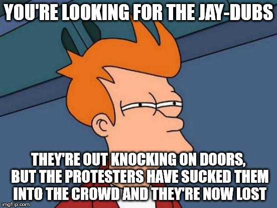 Futurama Fry Meme | YOU'RE LOOKING FOR THE JAY-DUBS THEY'RE OUT KNOCKING ON DOORS, BUT THE PROTESTERS HAVE SUCKED THEM INTO THE CROWD AND THEY'RE NOW LOST | image tagged in memes,futurama fry | made w/ Imgflip meme maker