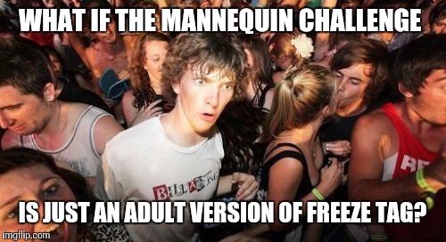 Sudden Clarity Clarence | WHAT IF THE MANNEQUIN CHALLENGE; IS JUST AN ADULT VERSION OF FREEZE TAG? | image tagged in memes,sudden clarity clarence | made w/ Imgflip meme maker