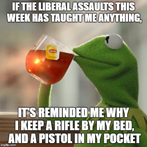 But That's None Of My Business | IF THE LIBERAL ASSAULTS THIS WEEK HAS TAUGHT ME ANYTHING, IT'S REMINDED ME WHY I KEEP A RIFLE BY MY BED, AND A PISTOL IN MY POCKET | image tagged in memes,but thats none of my business,kermit the frog | made w/ Imgflip meme maker