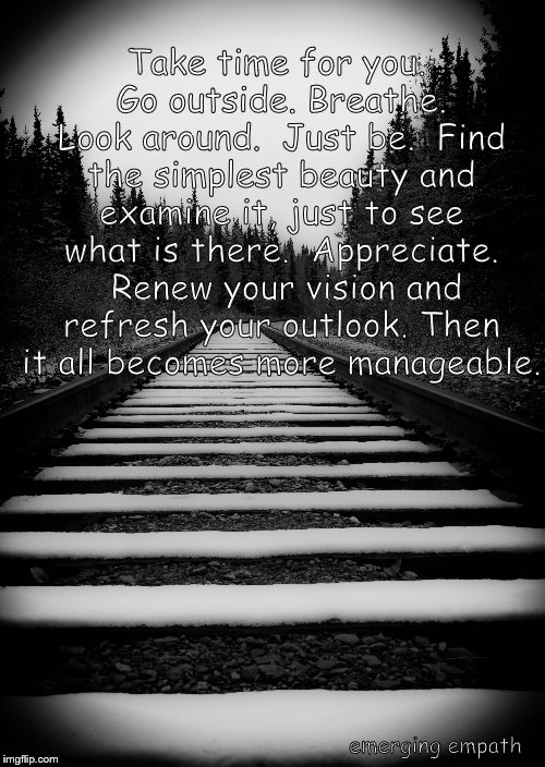 Take time for you.  Go outside. Breathe.  Look around.  Just be.  Find the simplest beauty and examine it, just to see what is there.  Appreciate.  Renew your vision and refresh your outlook. Then it all becomes more manageable. emerging empath | image tagged in grounding,empath | made w/ Imgflip meme maker