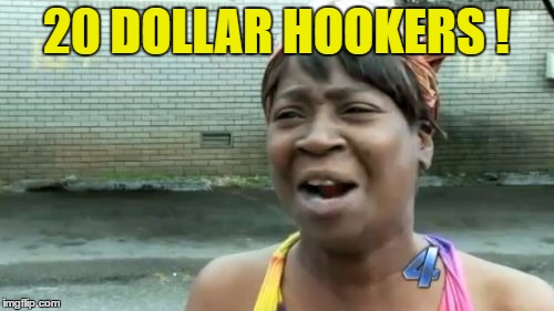 Ain't Nobody Got Time For That Meme | 20 DOLLAR HOOKERS ! | image tagged in memes,aint nobody got time for that | made w/ Imgflip meme maker