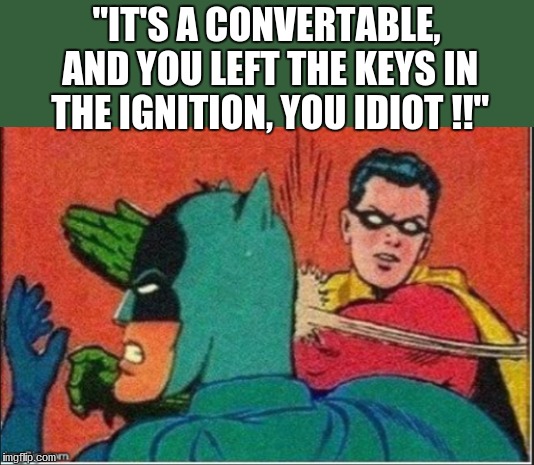 "IT'S A CONVERTABLE, AND YOU LEFT THE KEYS IN THE IGNITION, YOU IDIOT !!" | image tagged in humor,comics | made w/ Imgflip meme maker
