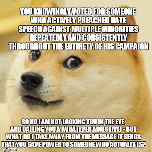 Doge Meme | YOU KNOWINGLY VOTED FOR SOMEONE WHO ACTIVELY PREACHED HATE SPEECH AGAINST MULTIPLE MINORITIES REPEATEDLY AND CONSISTENTLY THROUGHOUT THE ENTIRETY OF HIS CAMPAIGN; SO NO I AM NOT LOOKING YOU IN THE EYE AND CALLING YOU A [WHATEVER ADJECTIVE] - BUT WHAT DO I TAKE AWAY FROM THE MESSAGE IT SENDS THAT YOU GAVE POWER TO SOMEONE WHO ACTUALLY IS? | image tagged in memes,doge | made w/ Imgflip meme maker