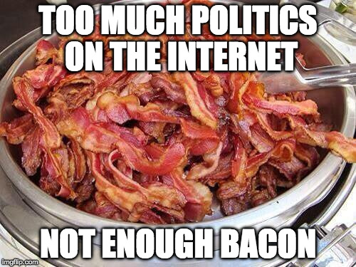 Doing my part. | TOO MUCH POLITICS ON THE INTERNET; NOT ENOUGH BACON | image tagged in bacon,politics,internet,donald trump,hillary clinton,election 2016 | made w/ Imgflip meme maker