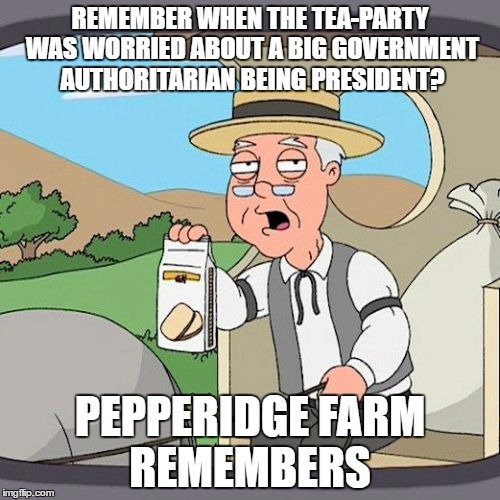 Pepperidge Farm Remembers Meme | REMEMBER WHEN THE TEA-PARTY WAS WORRIED ABOUT A BIG GOVERNMENT AUTHORITARIAN BEING PRESIDENT? PEPPERIDGE FARM REMEMBERS | image tagged in memes,pepperidge farm remembers | made w/ Imgflip meme maker