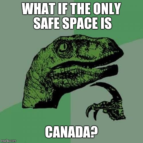 Philosoraptor | WHAT IF THE ONLY SAFE SPACE IS; CANADA? | image tagged in memes,philosoraptor | made w/ Imgflip meme maker