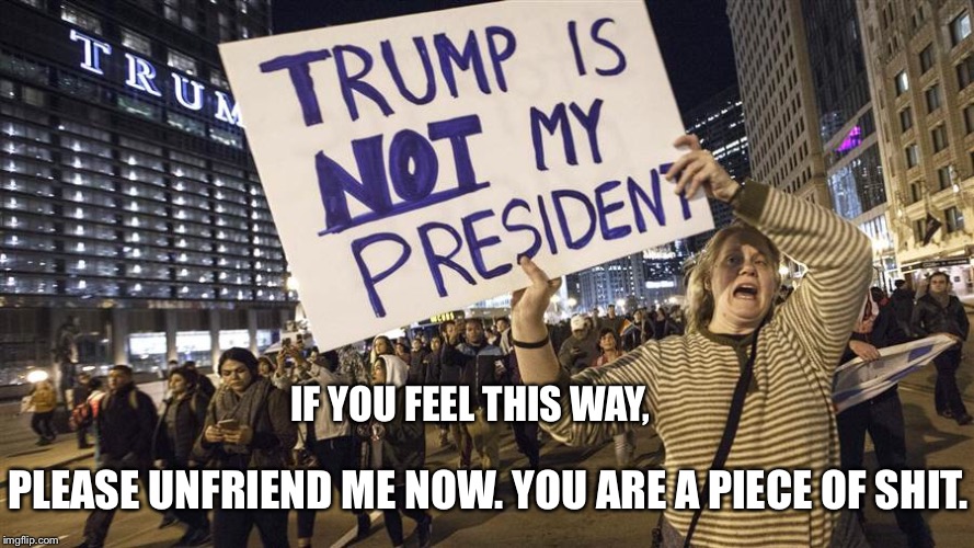 To "friends" protesting free elections in our country. They hate democracy and the constitution.  | IF YOU FEEL THIS WAY, PLEASE UNFRIEND ME NOW. YOU ARE A PIECE OF SHIT. | image tagged in liberals,crybabies,communism,brainwashed,violence,lib protestors | made w/ Imgflip meme maker
