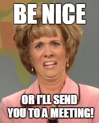 White Woman Confused | BE NICE; OR I'LL SEND YOU TO A MEETING! | image tagged in white woman confused | made w/ Imgflip meme maker