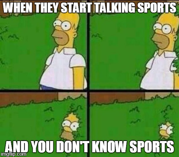 Homer Simpson in Bush - Large | WHEN THEY START TALKING SPORTS; AND YOU DON'T KNOW SPORTS | image tagged in homer simpson in bush - large | made w/ Imgflip meme maker