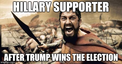 Sparta Leonidas Meme | HILLARY SUPPORTER; AFTER TRUMP WINS THE ELECTION | image tagged in memes,sparta leonidas | made w/ Imgflip meme maker