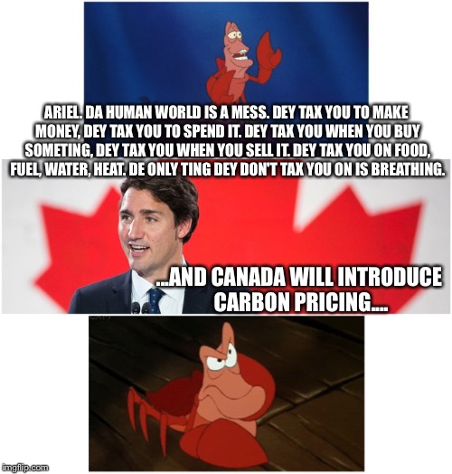 ARIEL. DA HUMAN WORLD IS A MESS. DEY TAX YOU TO MAKE MONEY, DEY TAX YOU TO SPEND IT. DEY TAX YOU WHEN YOU BUY SOMETING, DEY TAX YOU WHEN YOU SELL IT. DEY TAX YOU ON FOOD, FUEL, WATER, HEAT. DE ONLY TING DEY DON'T TAX YOU ON IS BREATHING. ...AND CANADA WILL INTRODUCE CARBON PRICING.... | image tagged in justin trudeau | made w/ Imgflip meme maker