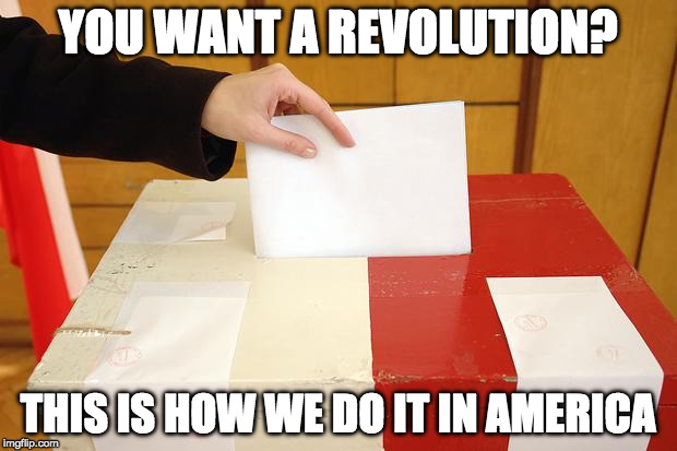 The Founding Fathers picked up guns for a revolution so we could go to the voting polls for a revolution. | YOU WANT A REVOLUTION? THIS IS HOW WE DO IT IN AMERICA | image tagged in vote,revolution,america,college liberal,donald trump,hillary clinton | made w/ Imgflip meme maker