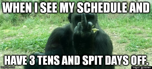Working hard | WHEN I SEE MY SCHEDULE AND; HAVE 3 TENS AND SPIT DAYS OFF. | image tagged in work sucks,bad boss | made w/ Imgflip meme maker