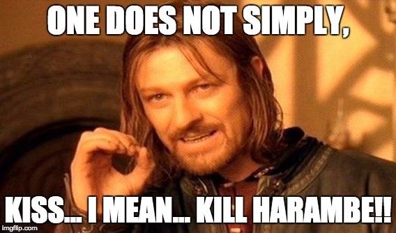 One Does Not Simply | ONE DOES NOT SIMPLY, KISS... I MEAN... KILL HARAMBE!! | image tagged in memes,one does not simply | made w/ Imgflip meme maker