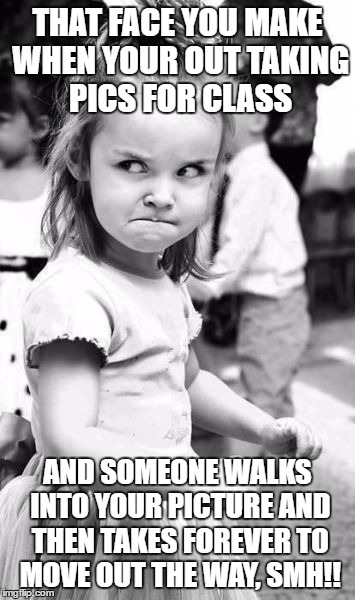 Angry Toddler | THAT FACE YOU MAKE WHEN YOUR OUT TAKING PICS FOR CLASS; AND SOMEONE WALKS INTO YOUR PICTURE AND THEN TAKES FOREVER TO MOVE OUT THE WAY, SMH!! | image tagged in memes,angry toddler | made w/ Imgflip meme maker
