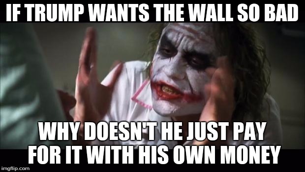 He's A Millionaire Right? | IF TRUMP WANTS THE WALL SO BAD; WHY DOESN'T HE JUST PAY FOR IT WITH HIS OWN MONEY | image tagged in memes,and everybody loses their minds | made w/ Imgflip meme maker