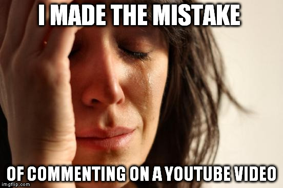 never again. | I MADE THE MISTAKE; OF COMMENTING ON A YOUTUBE VIDEO | image tagged in memes,first world problems | made w/ Imgflip meme maker