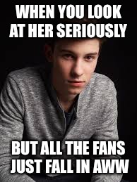 Shawn mendes | WHEN YOU LOOK AT HER SERIOUSLY; BUT ALL THE FANS JUST FALL IN AWW | image tagged in shawn mendes | made w/ Imgflip meme maker